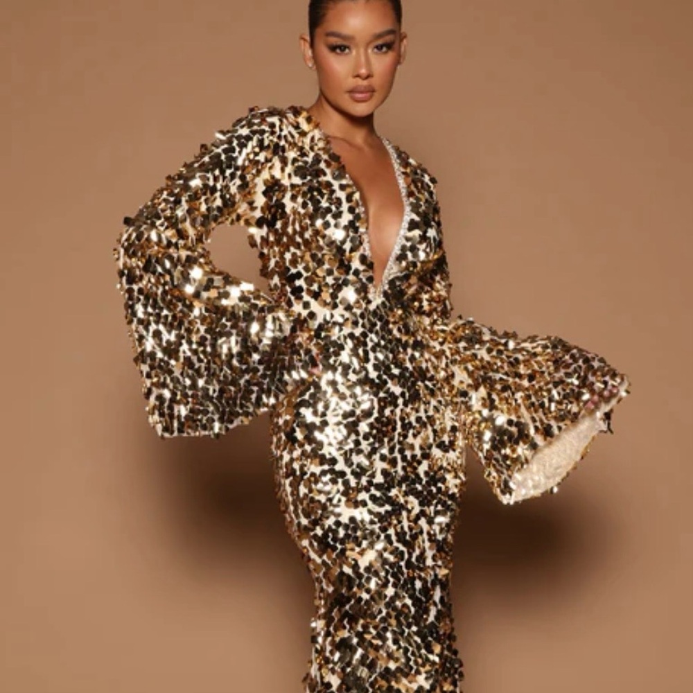 Fashion Nova Gold Sequin Long Sleeve Gown